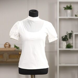 Anne Fontaine Vintage White Puff Short Sleeve Blouse with Sheer Front Detail